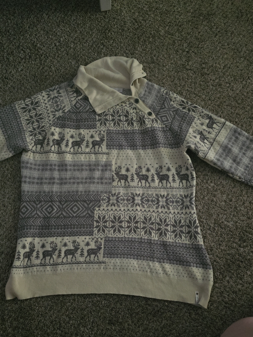 Woolrich Cream and Gray Fair Isle Shawl Collar Zip-Up Sweater